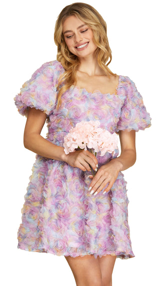 Life In Lilac 3D Floral Puff Sleeve Dress- Lilac