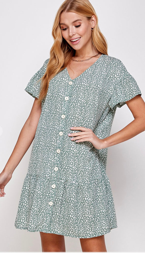 Leoni Animal Print Button Dress- Sage