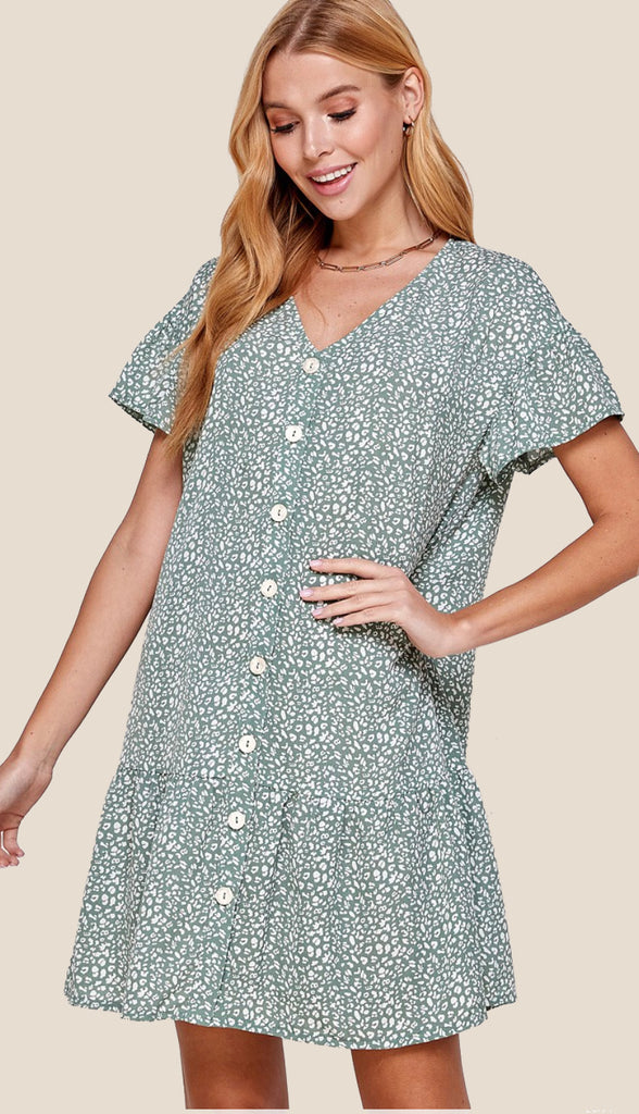 Leoni Animal Print Button Dress- Sage