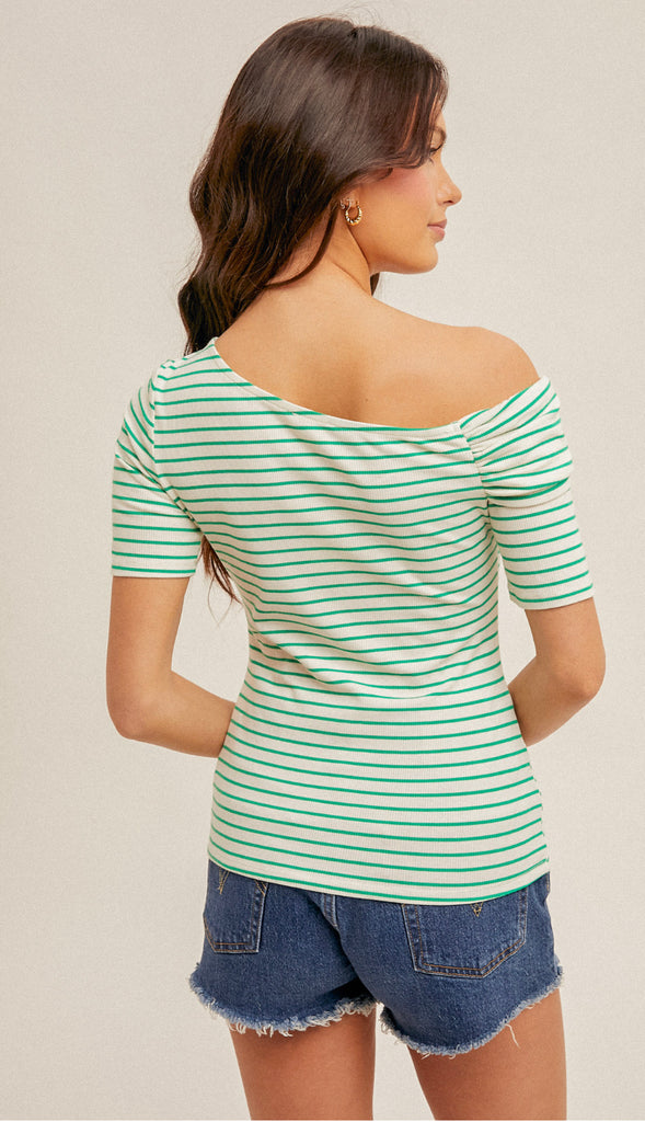 Charlie Asymmetrical Stripe Ribbed Top- Taupe