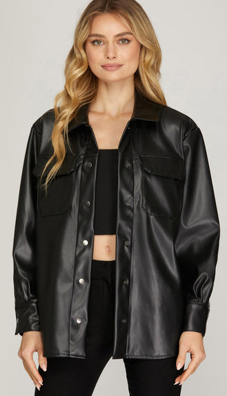 Jena Faux Leather Button Down Shirt - Black