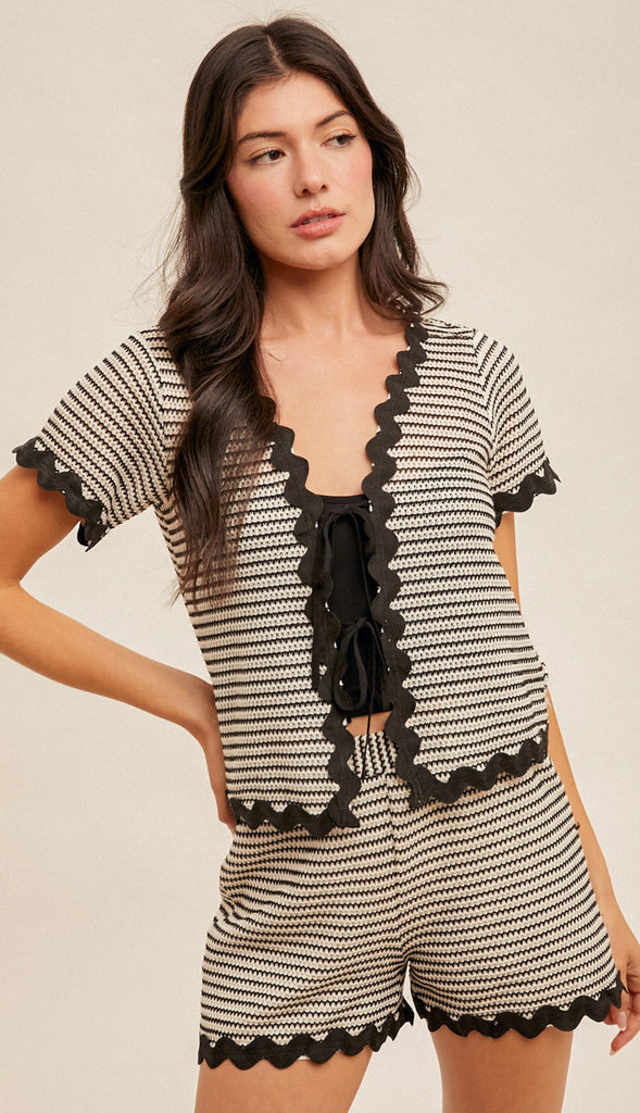 Maya Contrast Trim Short Sleeve Cardigan- Black/White