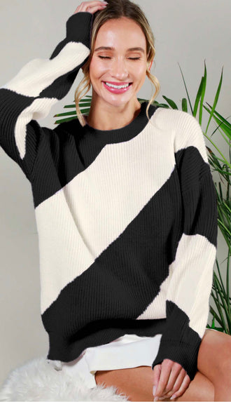 Right This Way Diagonal Stripe Sweater- Black/White