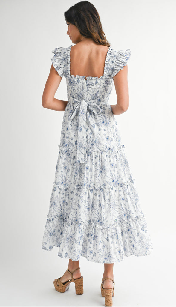 Macey Floral Bodice Tiered Maxi Dress- Blue