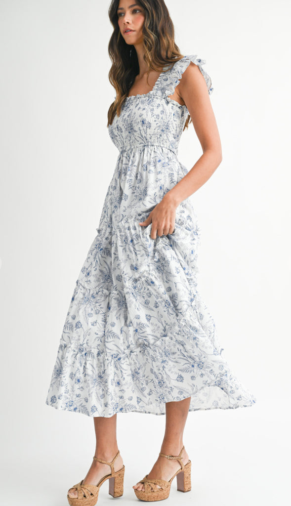 Macey Floral Bodice Tiered Maxi Dress- Blue
