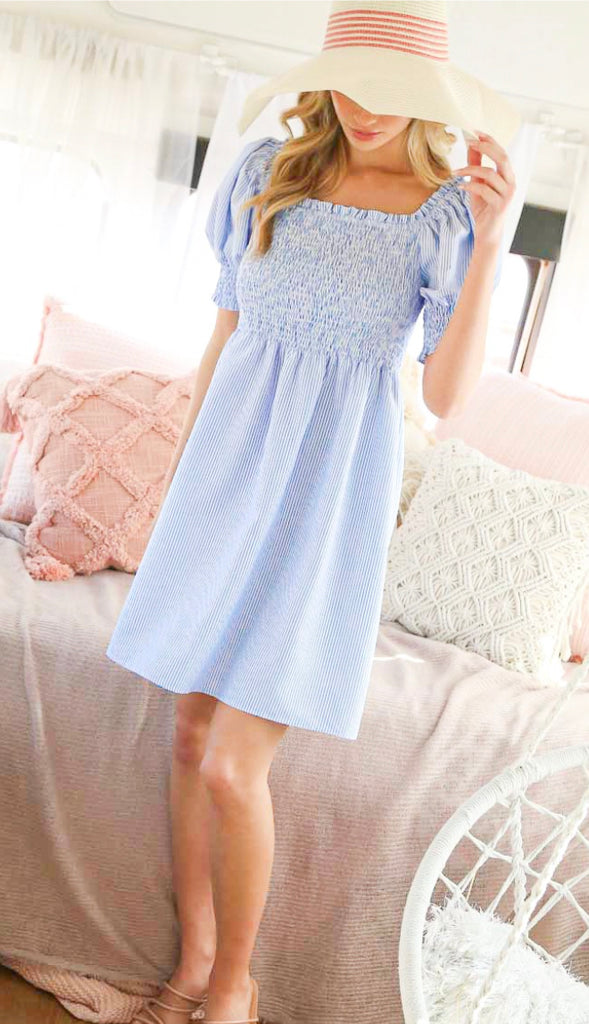 Blue Stripe Puff Sleeve Shift Dress, Dresses