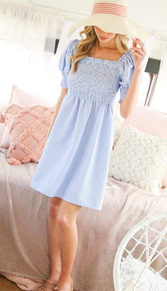 Willa Stripe Puff Sleeve Dress- Blue