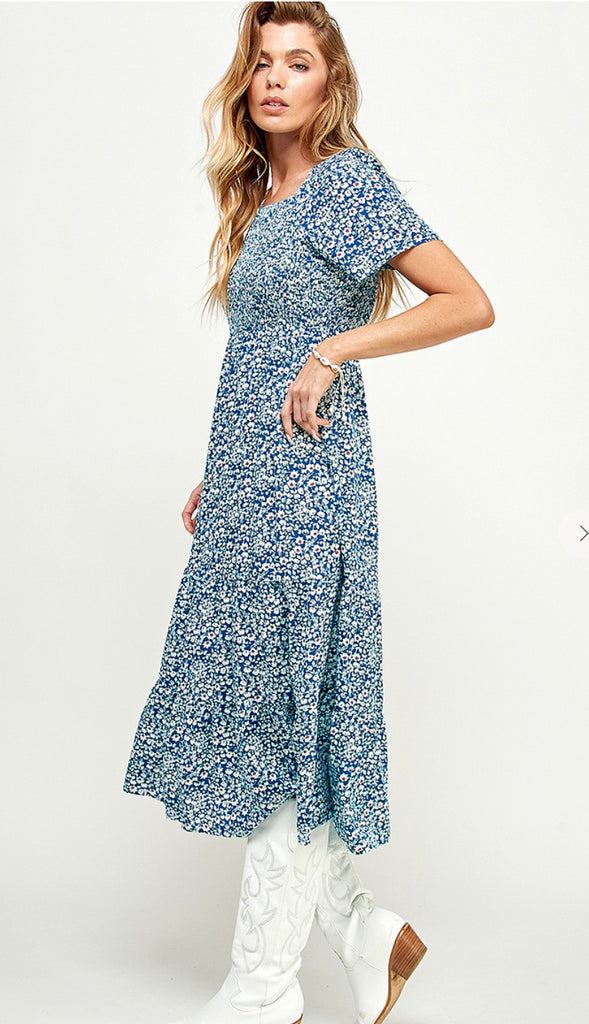 Dahlia Floral Square Neck Smocked Midi Dress- Blue