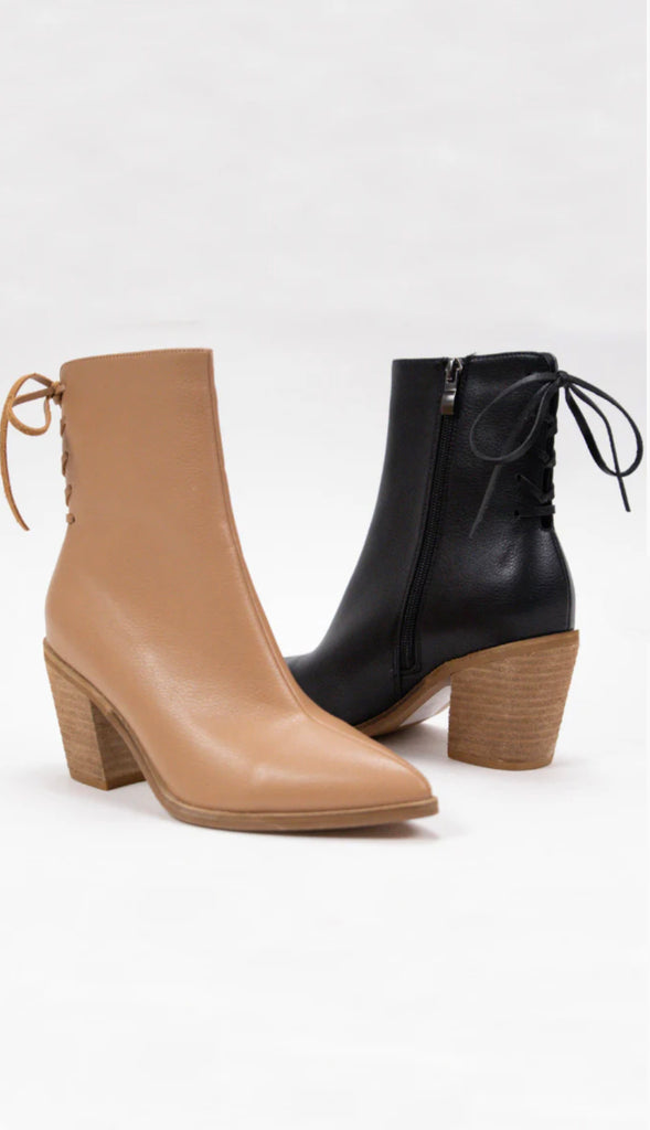 Pointy Lace Up Back Booties- Nude