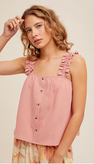 Misty Front Button Ruffle Tank- Pink
