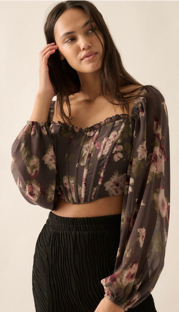 Adaline Floral Corset Crop Blouse- Charcoal