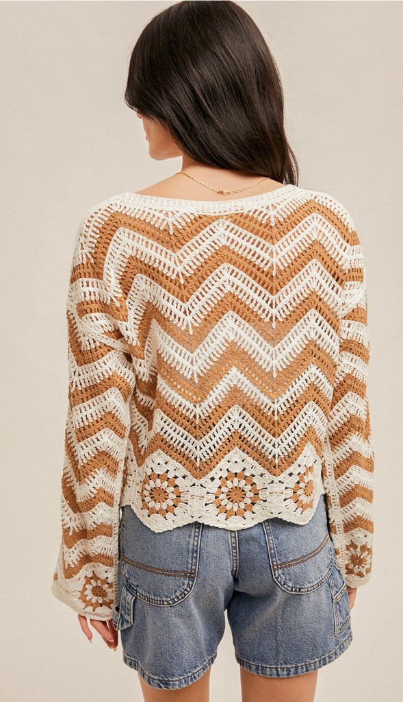 Sasha Chevron Crochet Top- Taupe/White