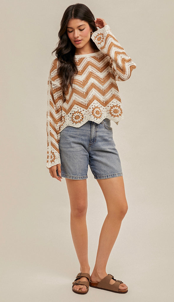 Sasha Chevron Crochet Top- Taupe/White