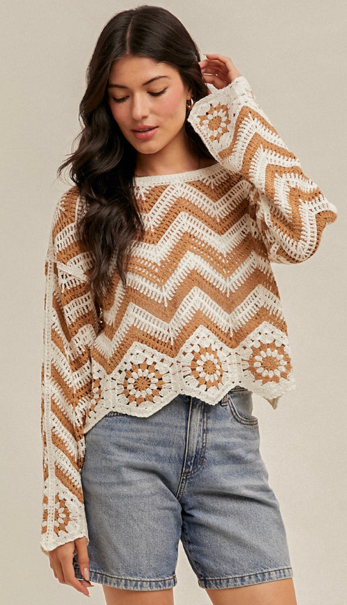 Sasha Chevron Crochet Top- Taupe/White