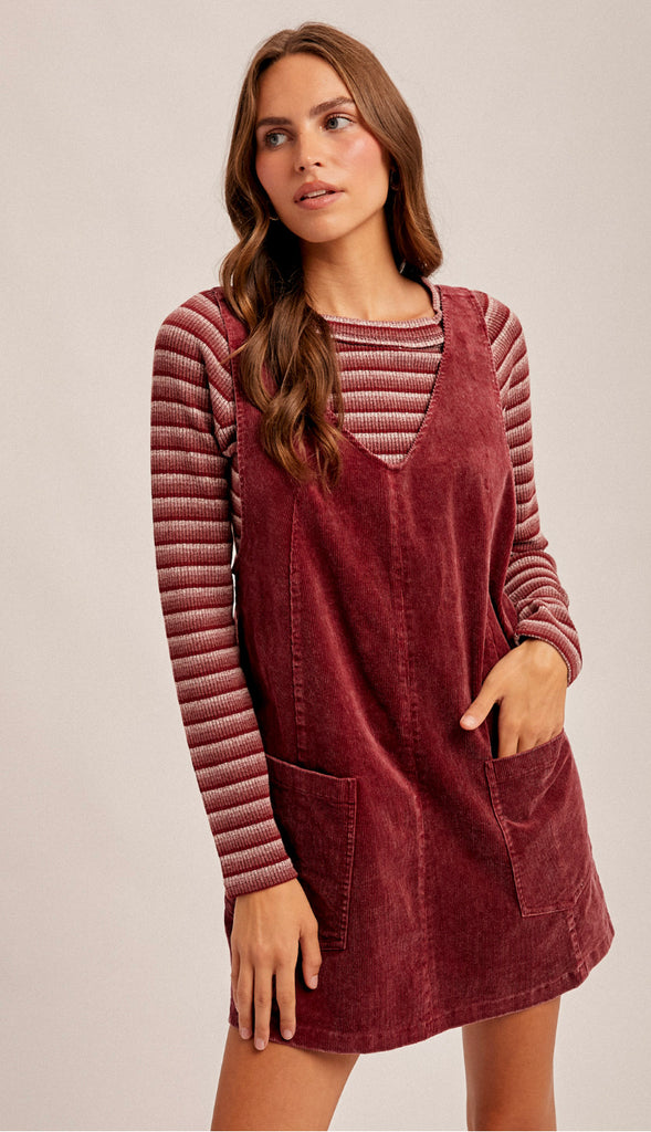 Snow Wash Corduroy Pinafore Dress- Raspberry