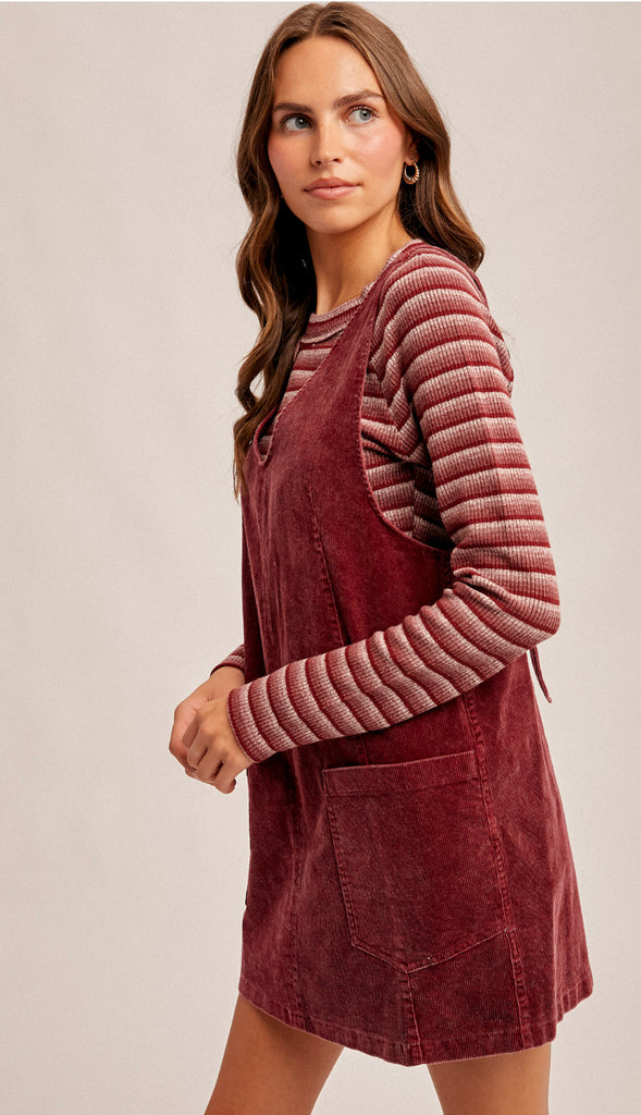 Snow Wash Corduroy Pinafore Dress- Raspberry