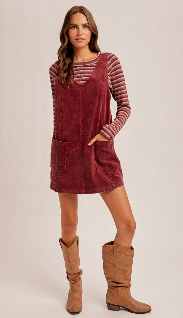 Snow Wash Corduroy Pinafore Dress- Raspberry
