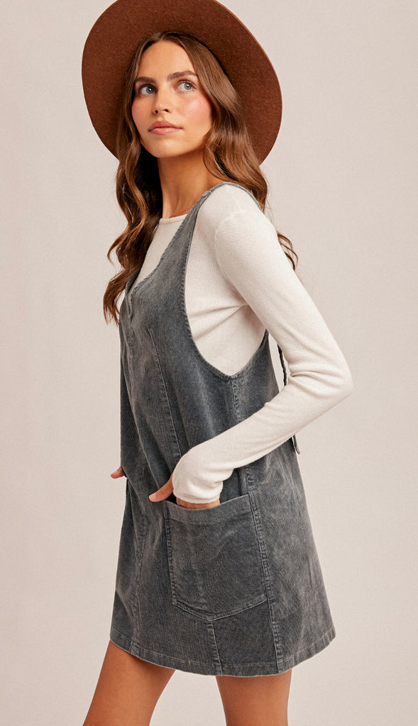 Snow Wash Corduroy Pinafore Dress- Raspberry