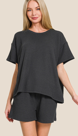 Corded Ribbed Tee And Shorts Set- Black