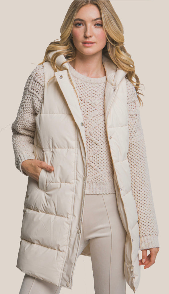Bringing Warmth Hooded Long Quilted Puffer Vest- Ivory
