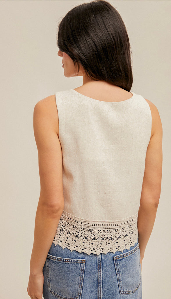 Kami Crochet Lace Trimed Tank- Oatmeal