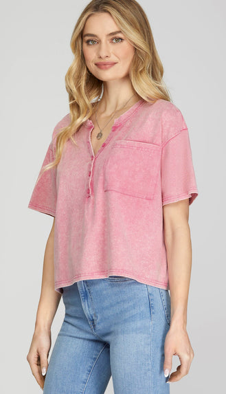 Remi Short Sleeve Wash Button Top- Pink