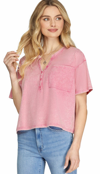 Remi Short Sleeve Wash Button Top- Pink