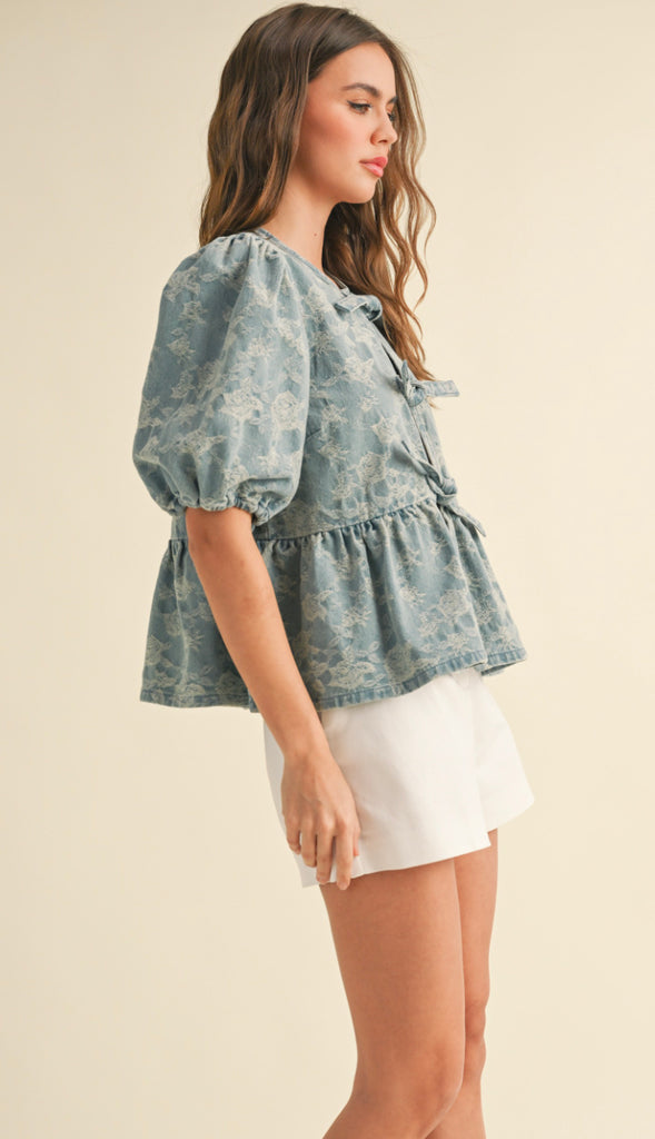 Denim Bow Front Blouse- Blue