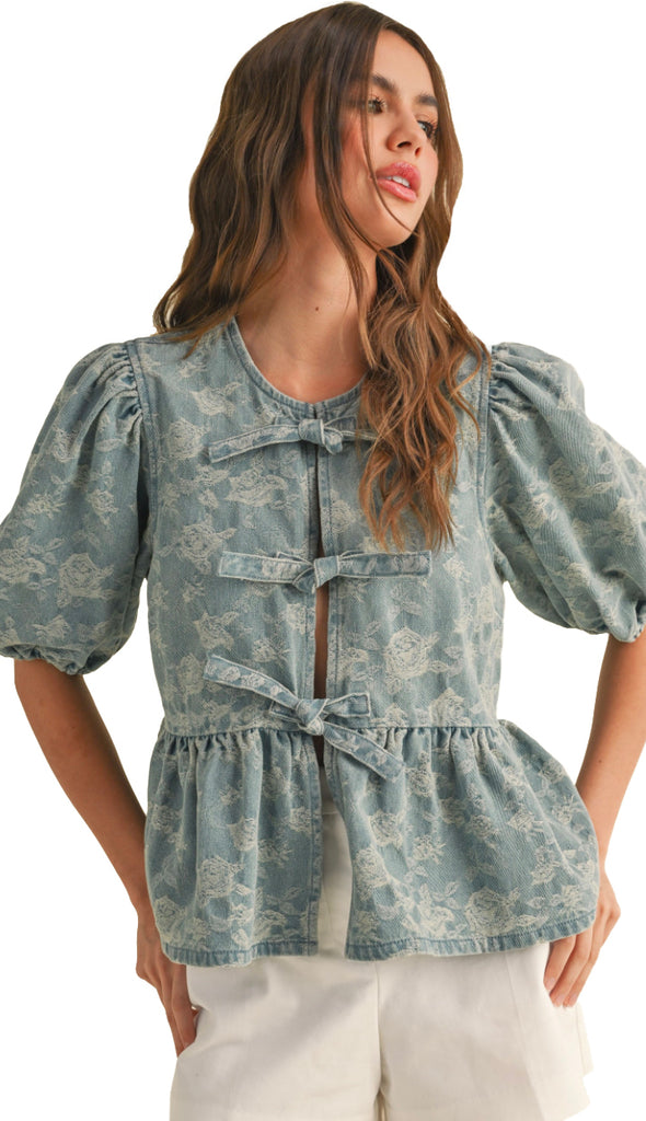 Denim Bow Front Blouse- Blue