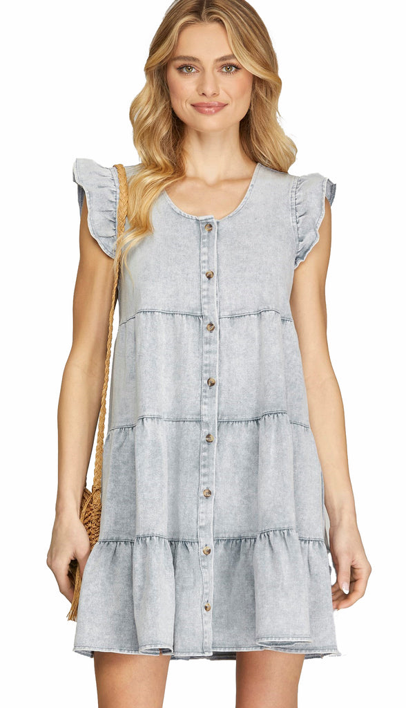 Lambert Ruffle Sleeve Button Dress- Denim