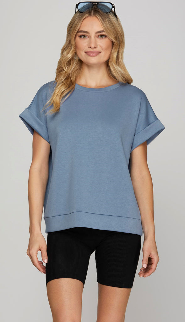 Cloud Nine Drop Shoulder Knit Top- Dusty Blue
