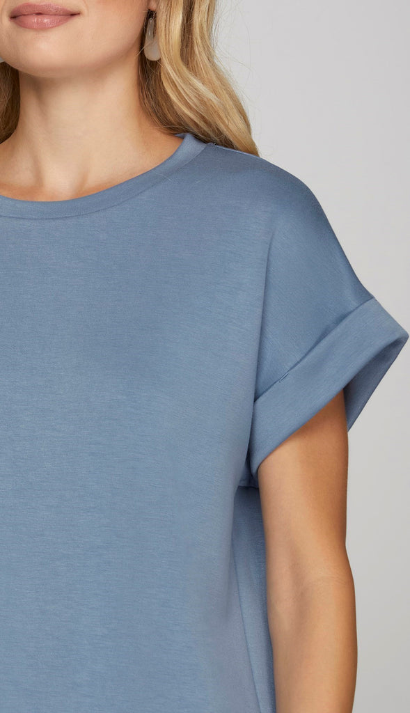 Cloud Nine Drop Shoulder Knit Top- Dusty Blue