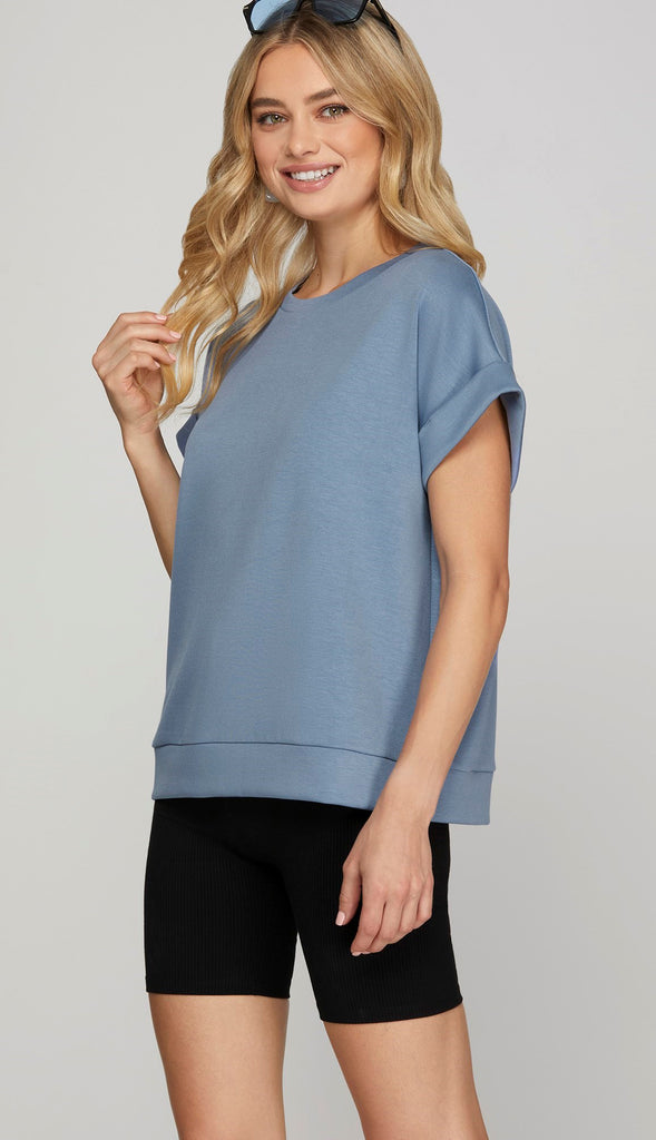 Cloud Nine Drop Shoulder Knit Top- Dusty Blue