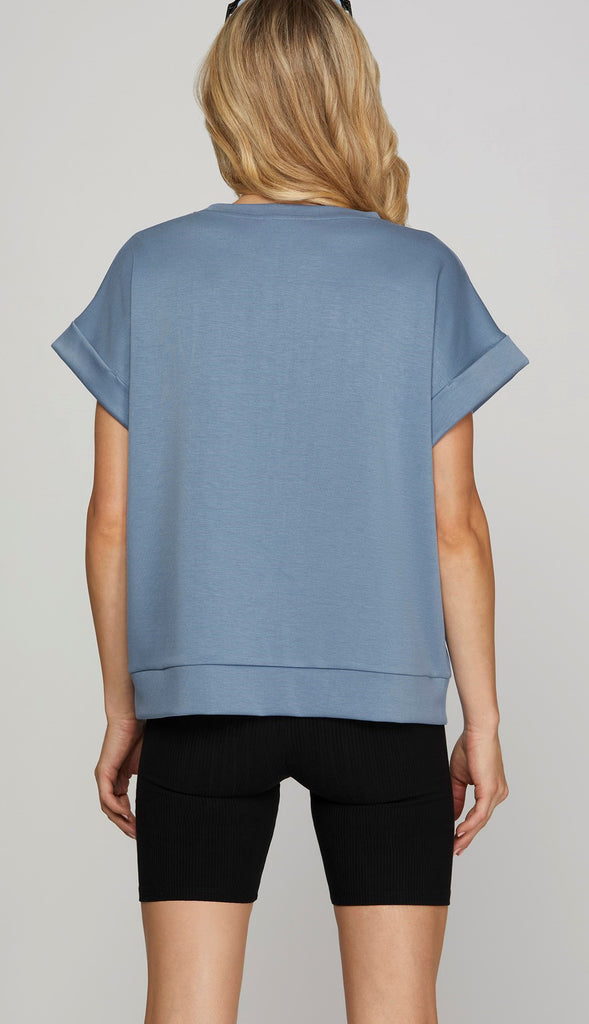 Cloud Nine Drop Shoulder Knit Top- Dusty Blue