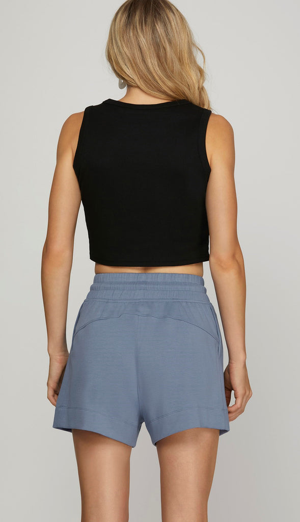 Cloud Nine High Waist Drawstring Shorts- Dusty Blue