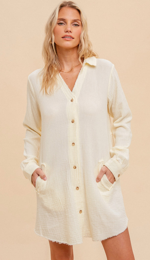 Spring Breeze Textured Collared Tunic- Ecru