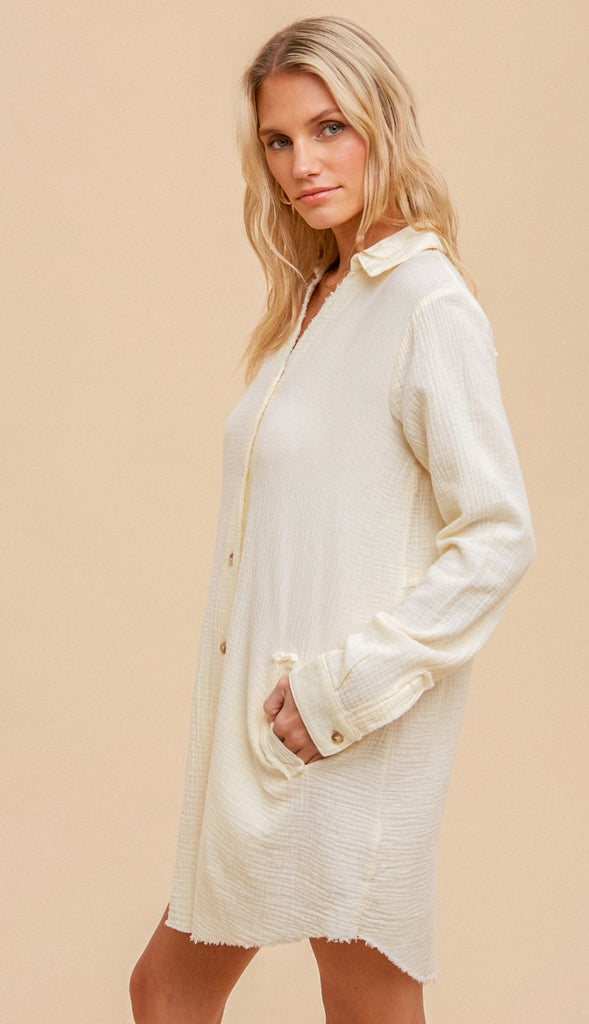 Spring Breeze Textured Collared Tunic- Ecru