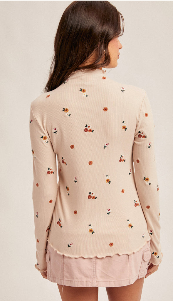 Oh Fall Floral Embroidered Cabbage Hem Mock Neck Rib Top- Ecru