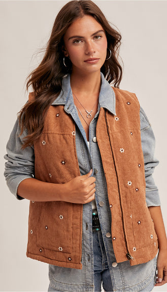 Daisy Floral Embroidered Corduroy Zip Vest- Caramel