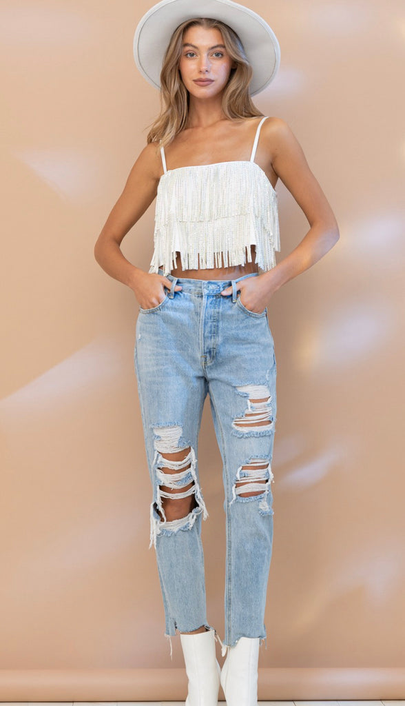 Studded Fringe Tank- White