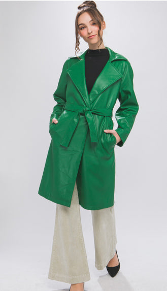 Fight For It Leather Front Tie Coat- Kelly Green