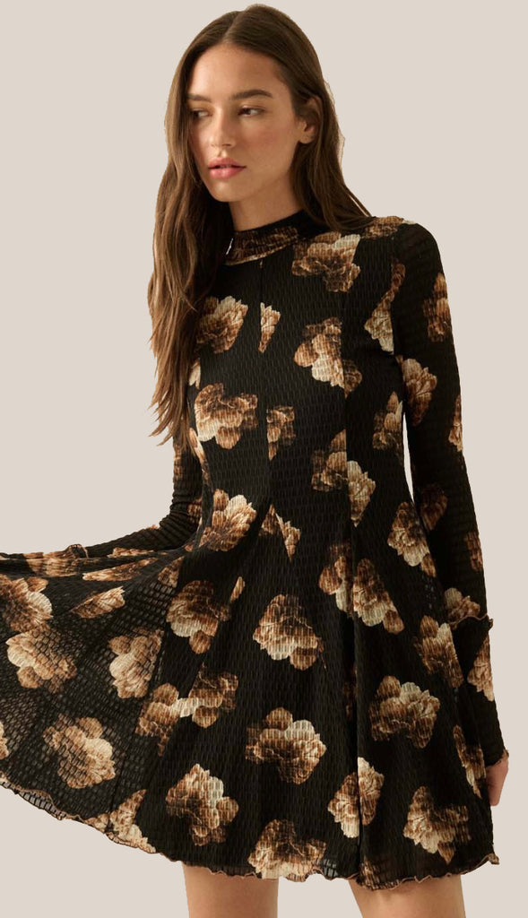 Honeycomb Mesh Long Sleeve Dress- Taupe/Black