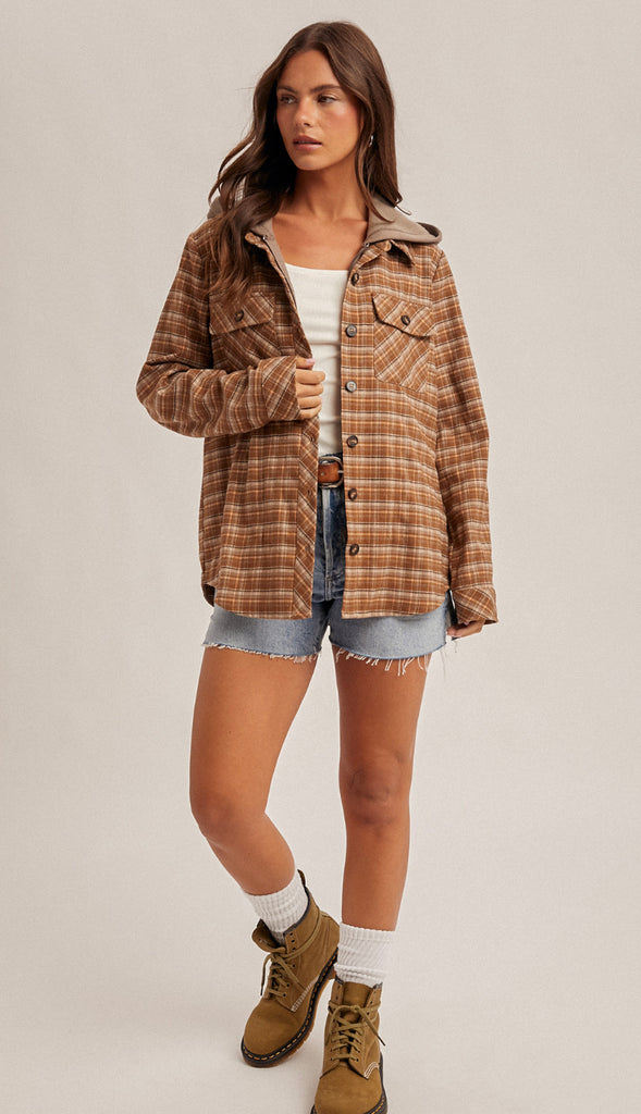 Colorado Boulders Button Down Hoodie Plaid- Caramel