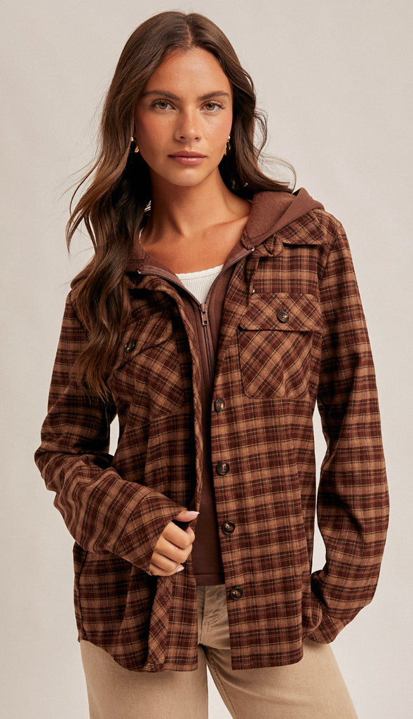 Colorado Boulders Button Down Hoodie Plaid- Roasted Chestnut