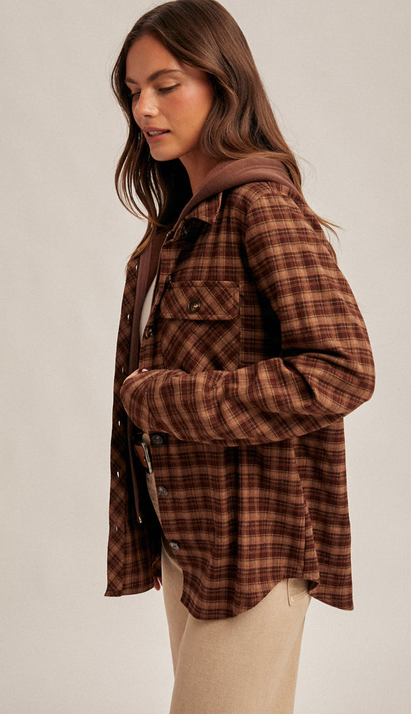 Colorado Boulders Button Down Hoodie Plaid- Caramel