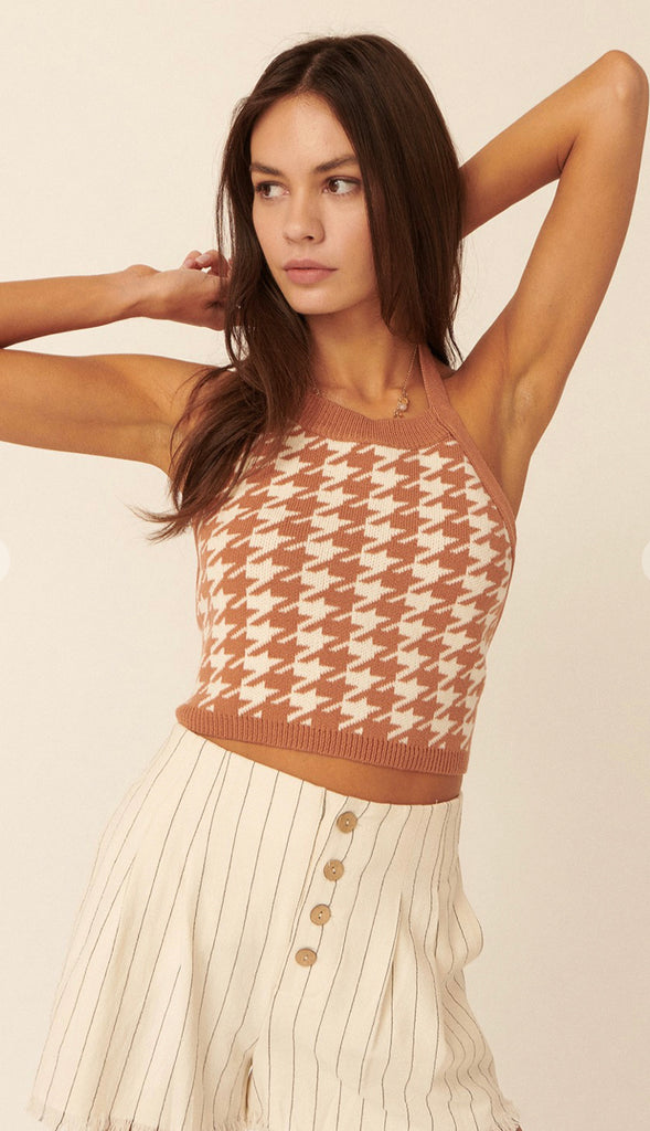 Chella Houndstooth Cropped Halter Top- Desert Gold