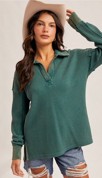 Kelli Washed Thermal Oversized Top- Forest Green