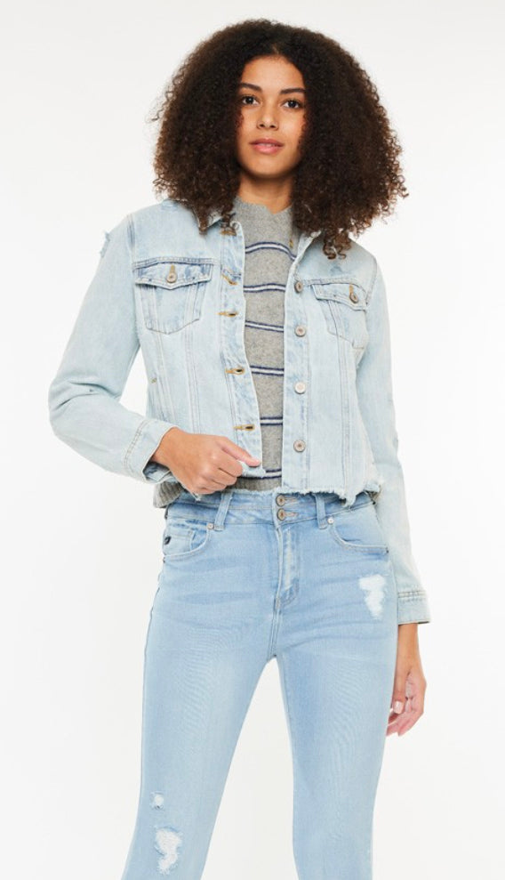 Kancan Distressed Raw Hem Denim Jacket- Light Wash