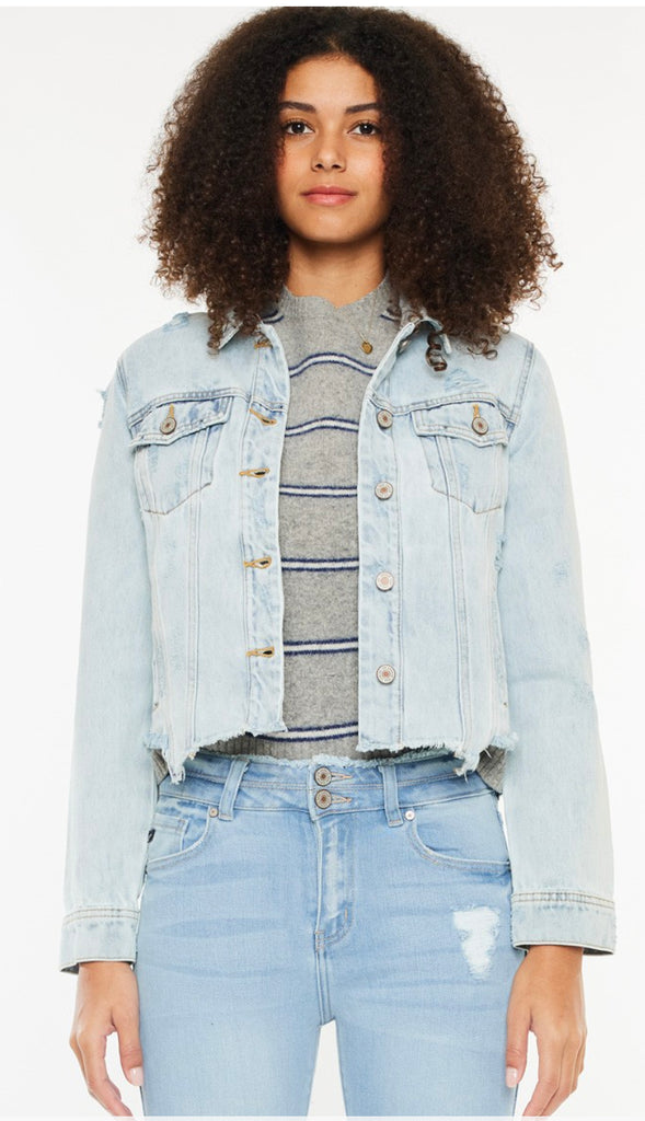 Kancan Distressed Raw Hem Denim Jacket- Light Wash
