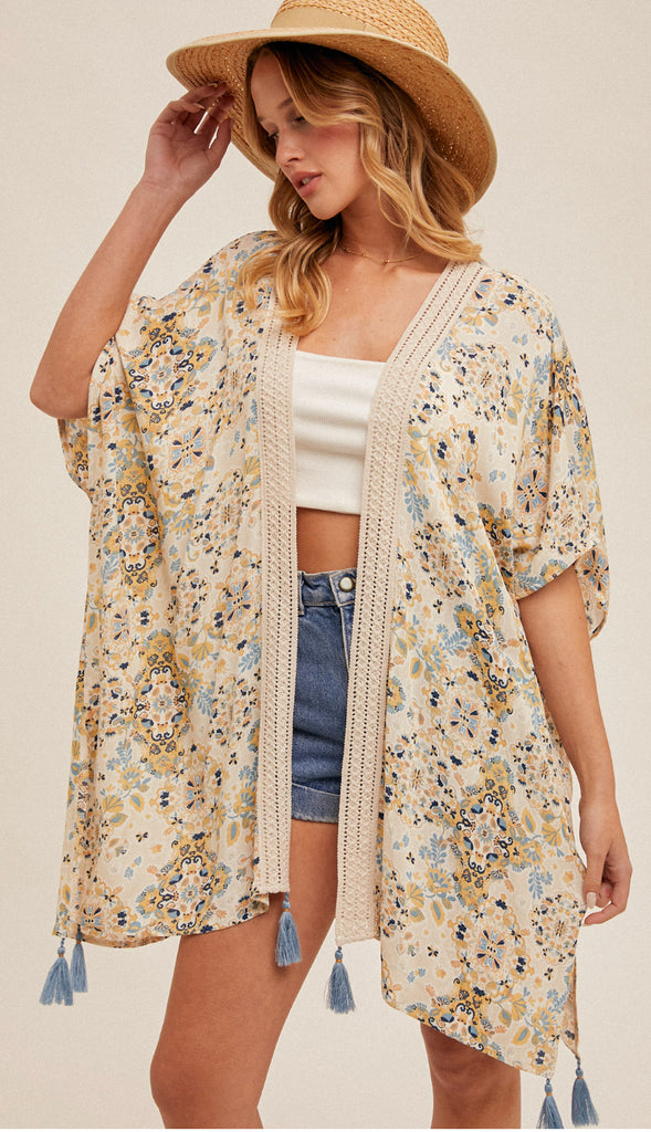 Mosaic Crochet Trim Kimono- Taupe